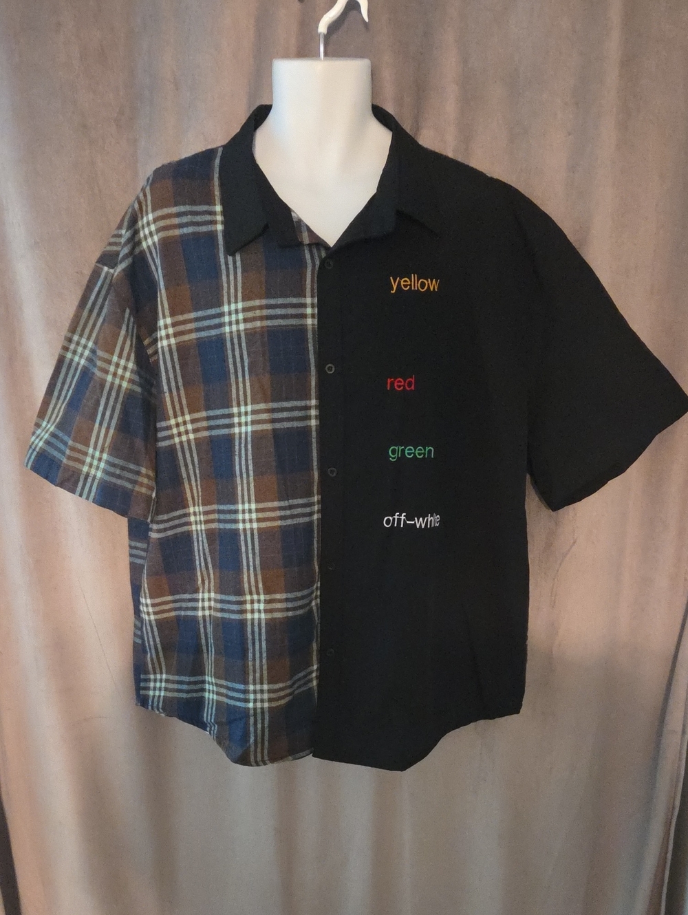 5x (PTP 26") Casual Half-Plaid Short-Sleeve Button-Up Shirt in Black and Brown